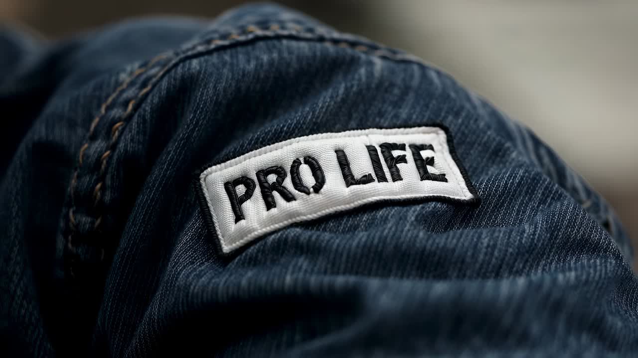 Framing white embroidered patch, camera holding steady close-up on blue denim, emphasizing message