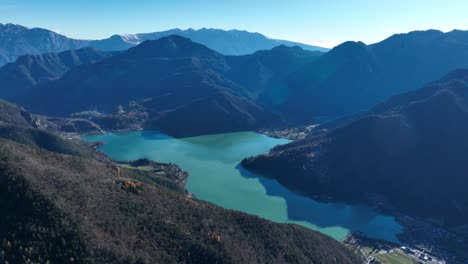 Aerial-Lateral-Left-Drone-shot-of-Ledro-Lake-from-Monte-Cocca---Not-Graded