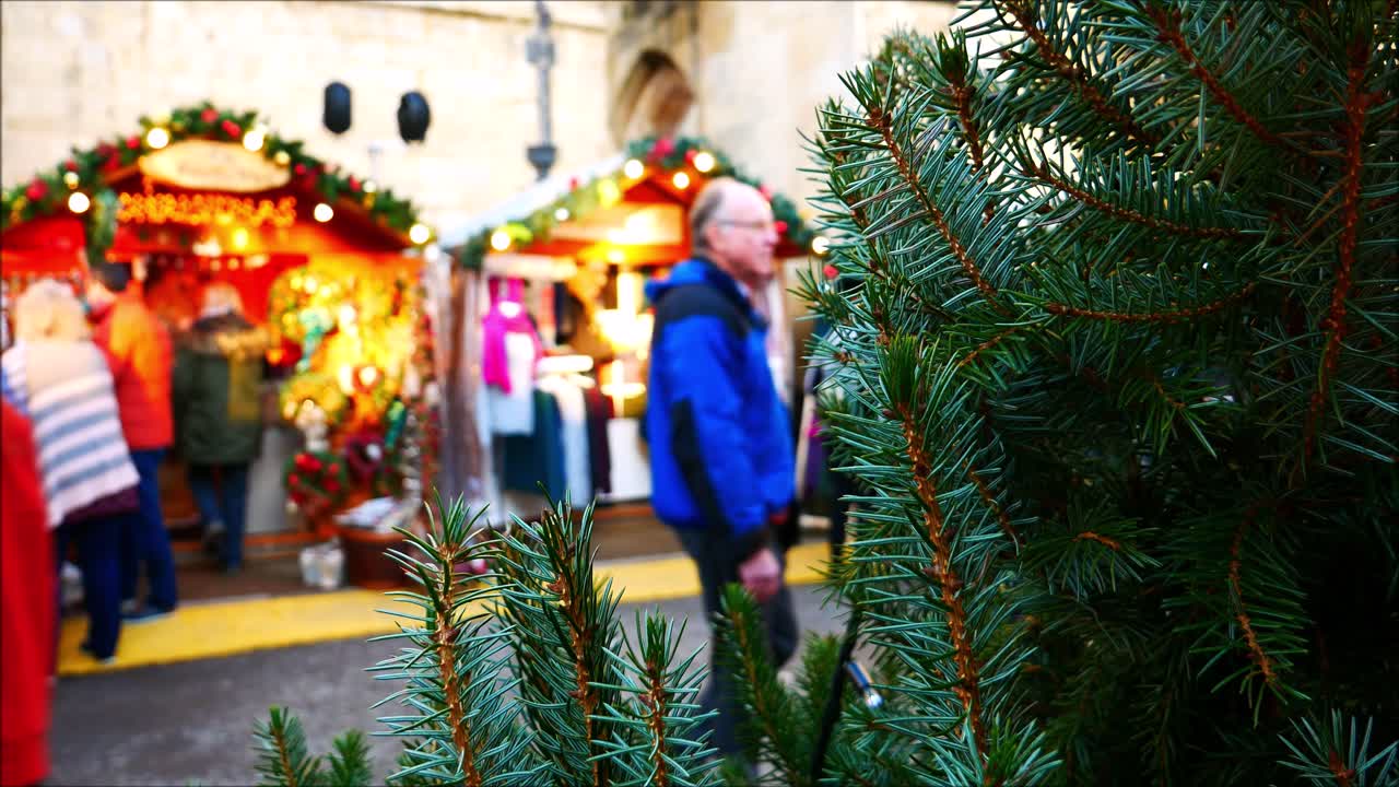 Christmas tree and Winchester christmas market, shopping, stalls and music. Festive huts with christmas gifts for sale within the cathedral grounds.