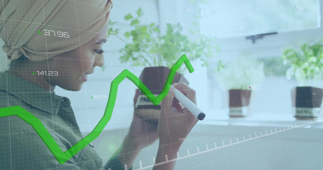 Wanita menyentuhkan spidol ke pot, melacak pertumbuhan keuangan dengan grafik garis hijau animasi.