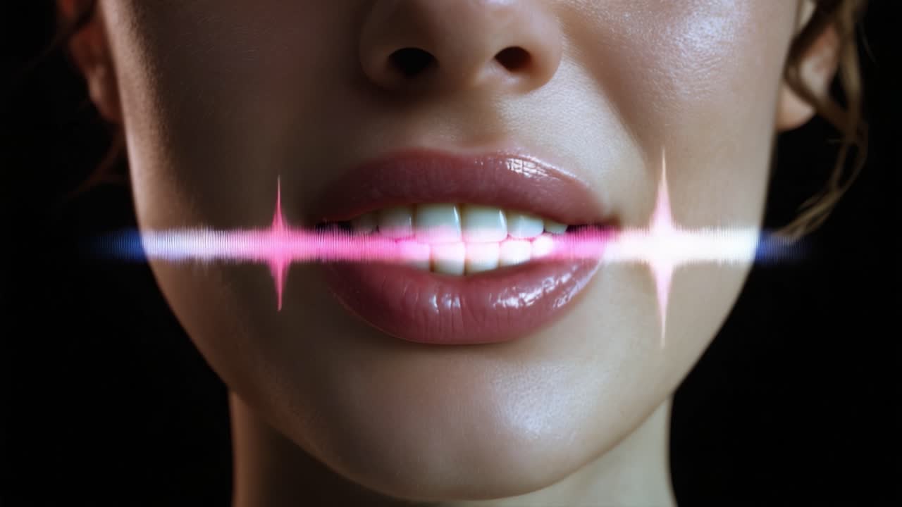 Um close-up de lábios glossy com uma representação visual de ondas sonoras, ilustrando a conexão entre fala e som em uma sequência de vídeo criativa.