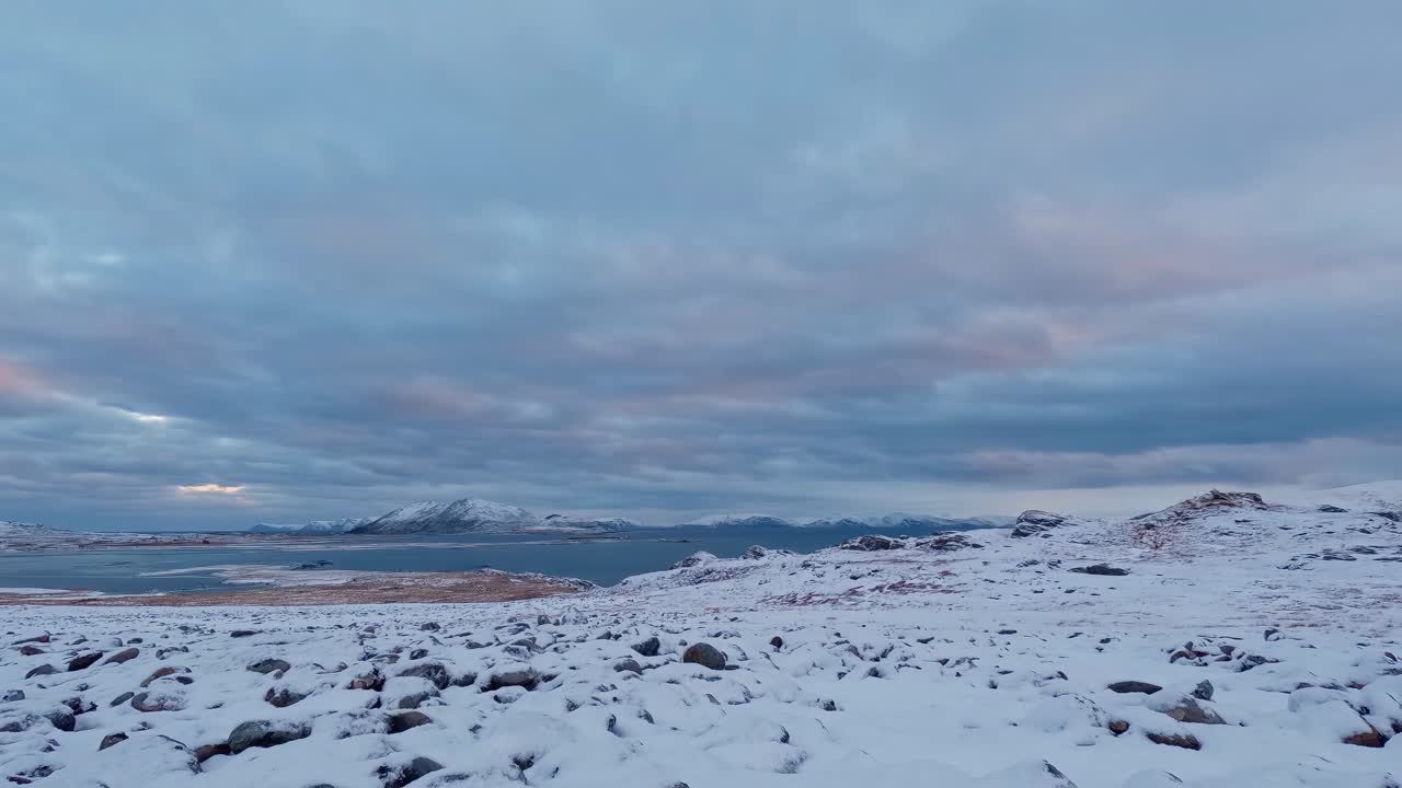 Rolvsøya Island, winter landscape in northern Norway. Time lapse.