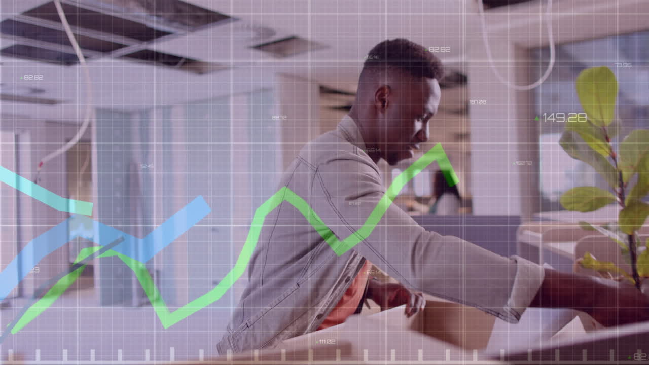 Animation of financial data processing over african american businessman in office