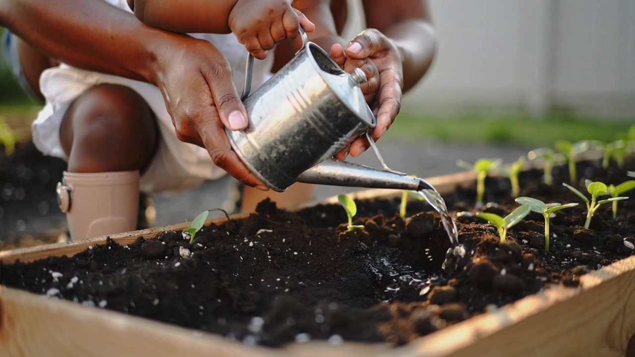 Guiding parent steadying toddler hands on metal can, pouring water onto seedlings in bed, boots