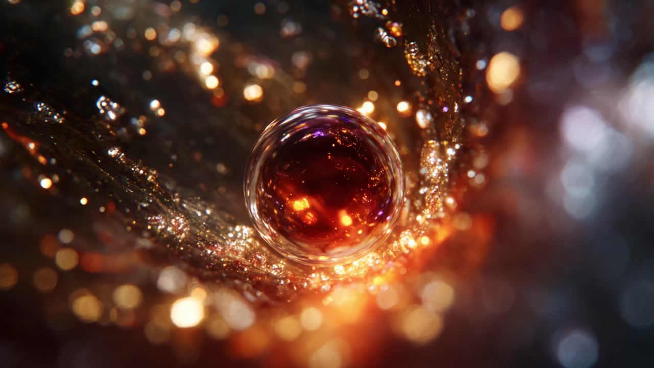 A mesmerizing journey through a cosmic swirl, revealing an orb surrounded by shimmering particles, evoking wonder and the beauty of the universe's mysteries