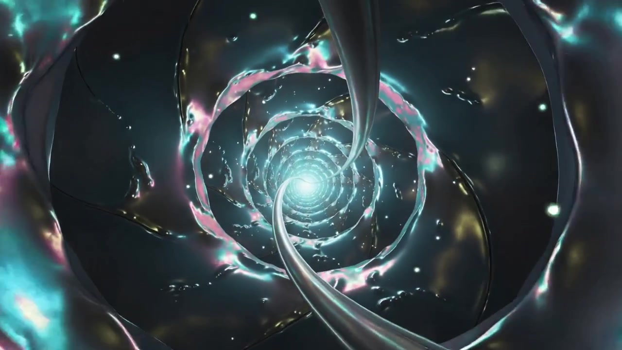 Playback gliding camera moving to reveal luminous core in CG tunnel, rings and tendrils converging