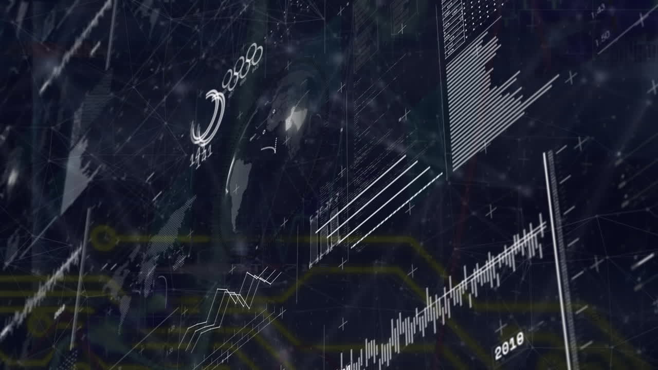Animazione di elaborazione dati e rete di connessioni su sfondo nero.