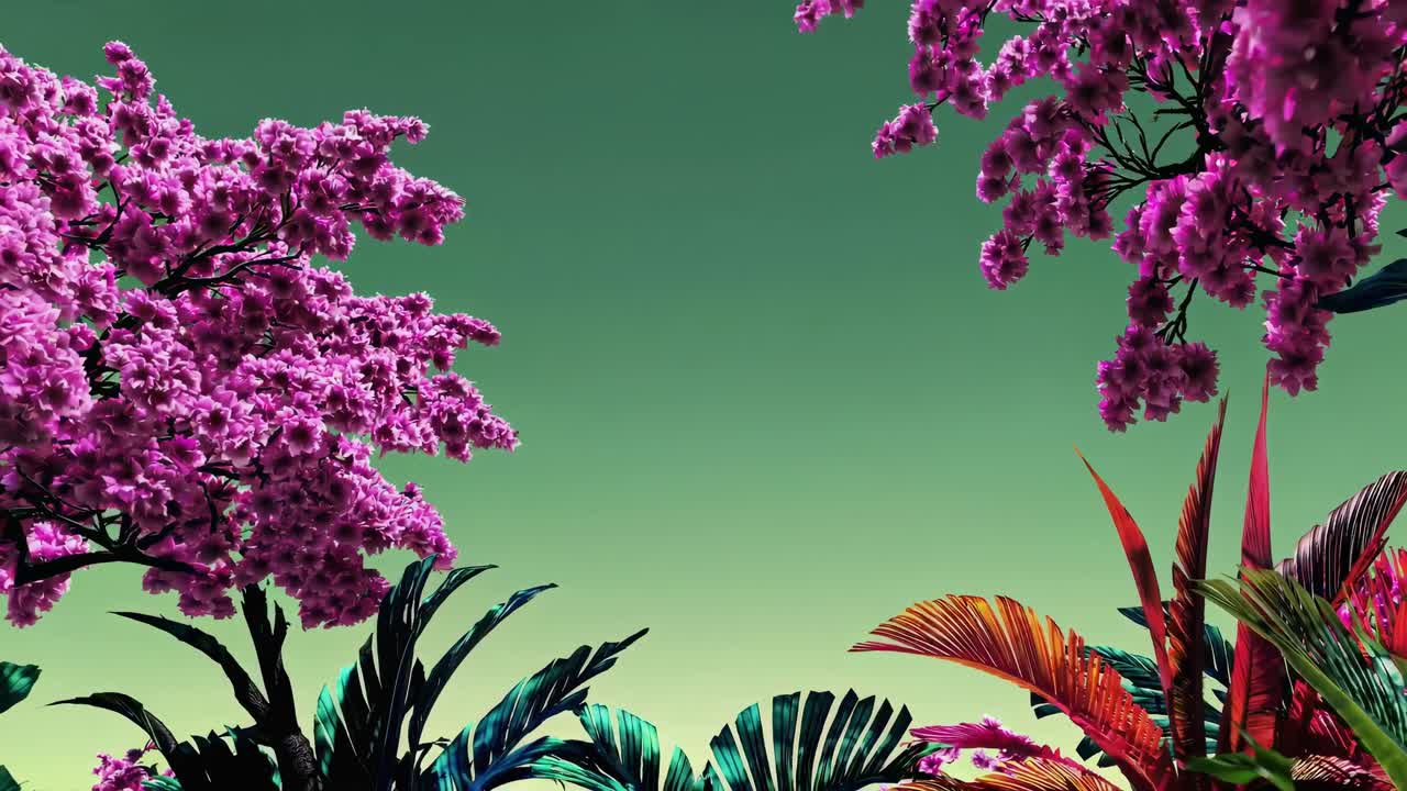 Vibrant surreal video scene with a low-angle view of pink trees and colorful foliage against a green