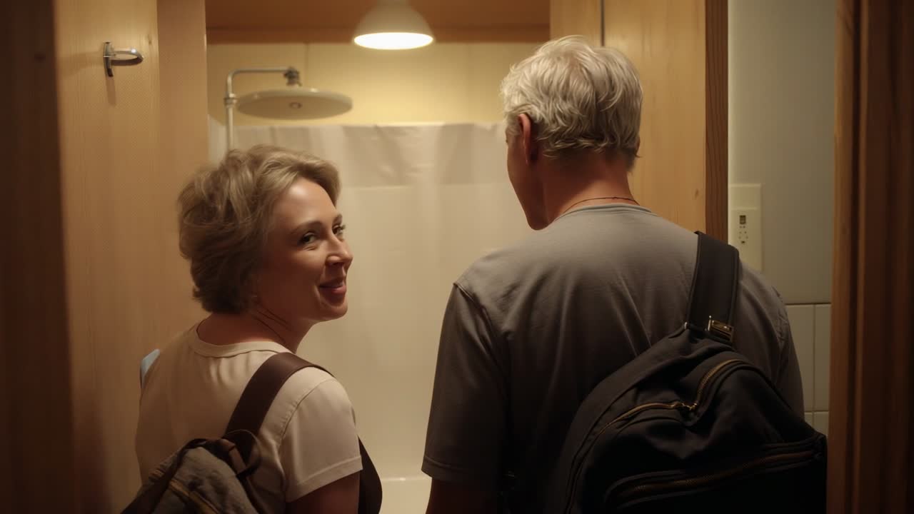 Arriving older couple pausing in compact bathroom doorway with backpacks, woman turning, smiling
