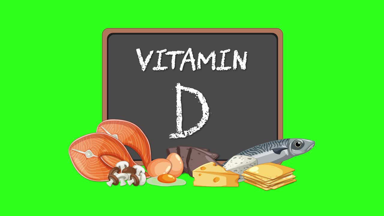 Animasyonlu D vitamini karatahtası ve besin açısından zengin yiyecekler, parlak yeşil kromatik bir arka plan üzerinde beliriyor.