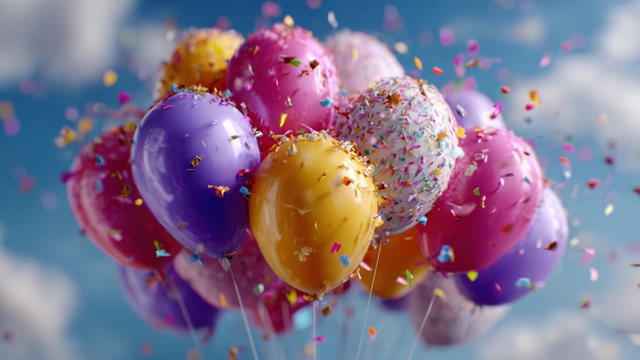 A Vibrant Collection of Colorful Balloons Floating in the Sky, Infused with Cheerful Confetti, Setting a Joyous Atmosphere Full of Celebration and Delight