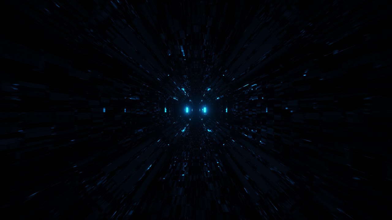 Motion graphics of highly immersive dark space with blue and orange linear LED light rays penetrating out