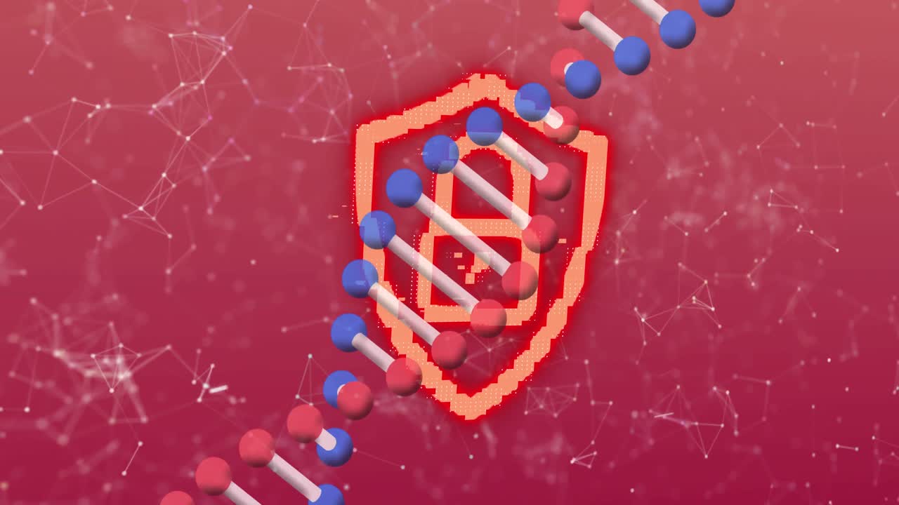 회전하는 3차원 dna 가닥의 애니메이션, 분홍색의 네트워크 위에 오렌지색  ⁇ 락 기호와 함께