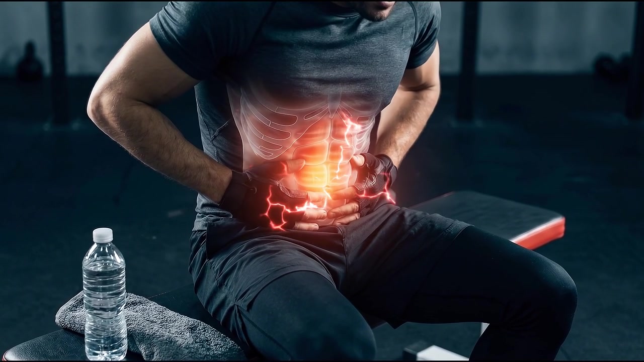 Athletic Man Experiencing Abdominal Pain in Gym