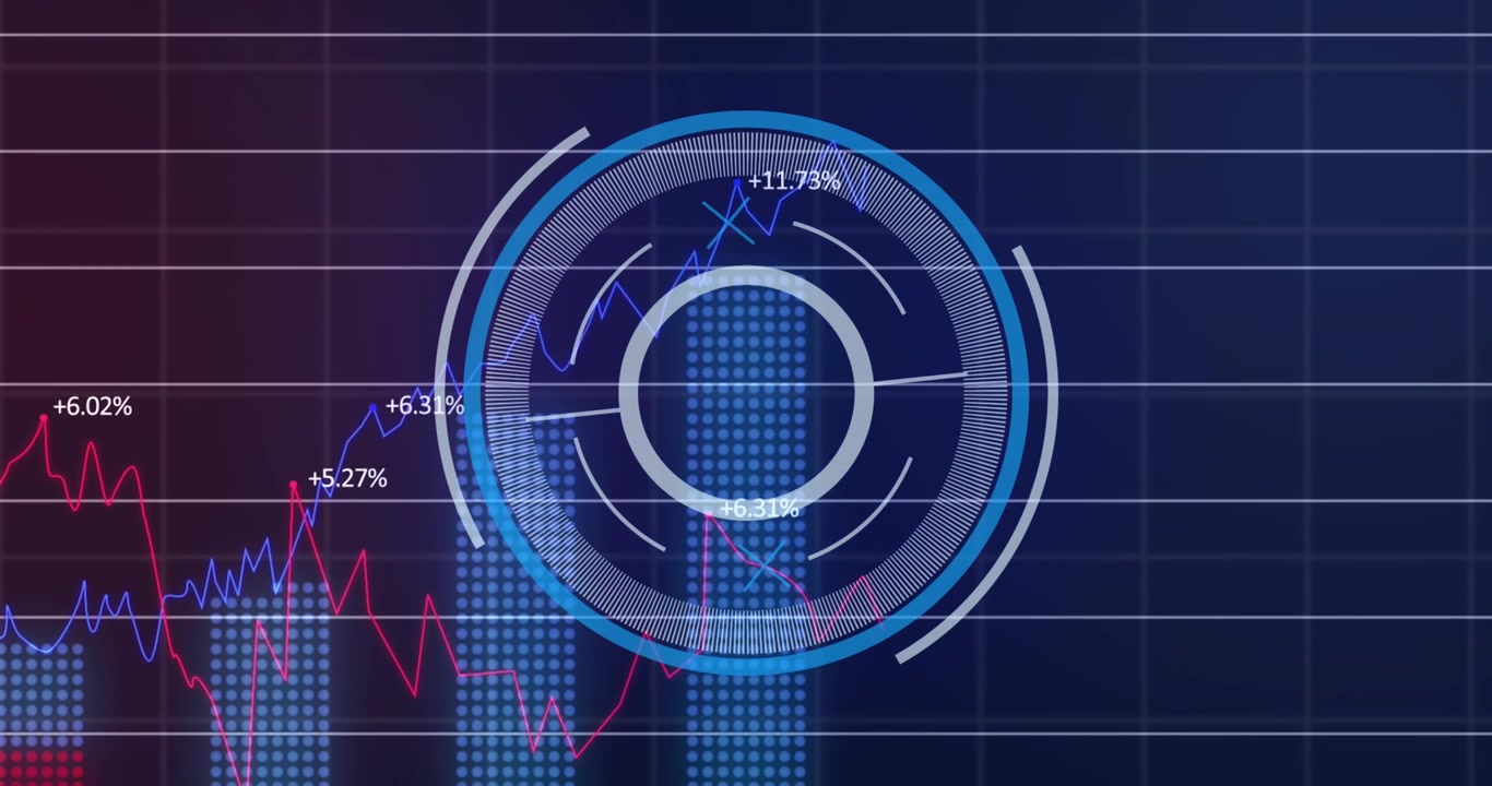 Animation of neon round scanner spinning over statistical data processing on blue background