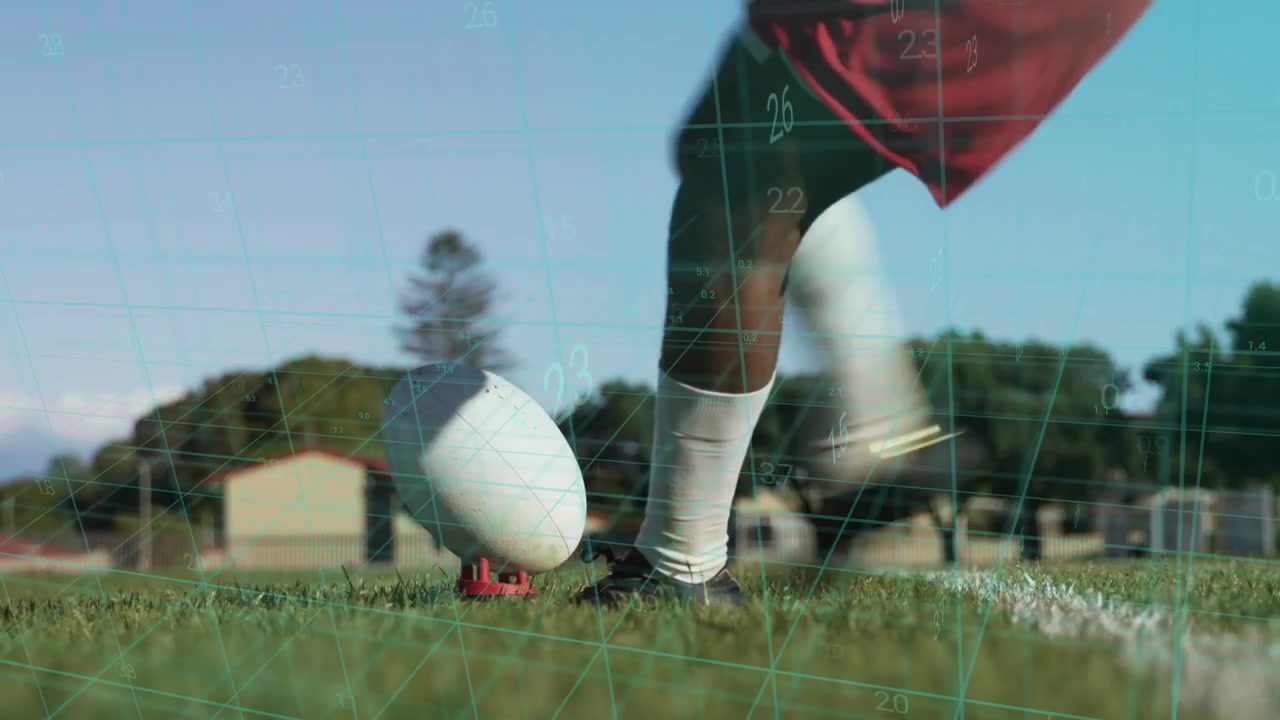 Male teen kicking sports ball for practice on tee, shoe detaching while grid overlay tracking path