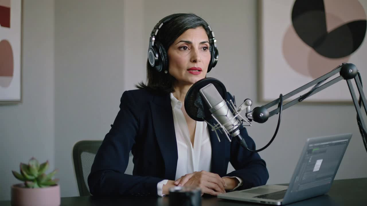 Recording starting, host speaking into condenser mic at desk in navy blazer white blouse to record