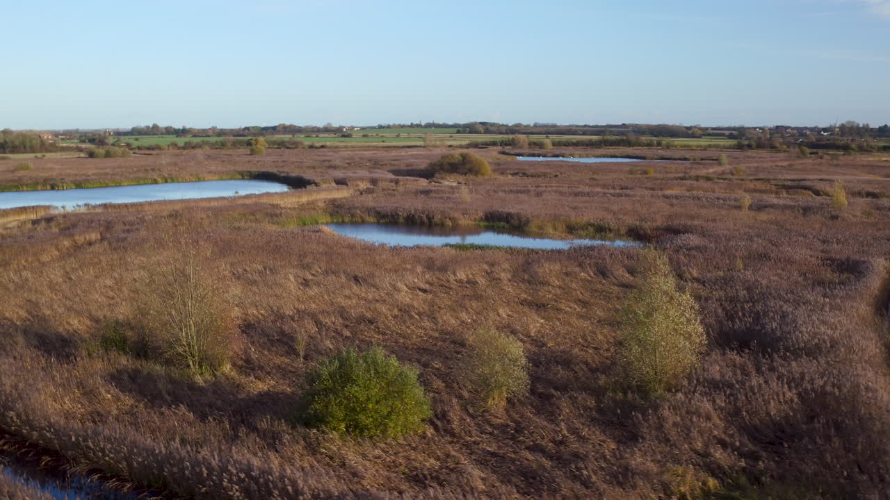 vista aérea de poi en aumento, vista general de la reserva natural de stodmarsh, kent, reino unido, gestionada por natural england.