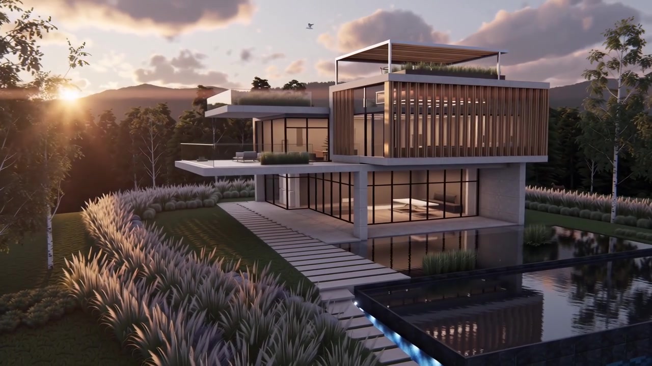 Gün batımında havuzlu modern lüks bir evin havadan görünümü