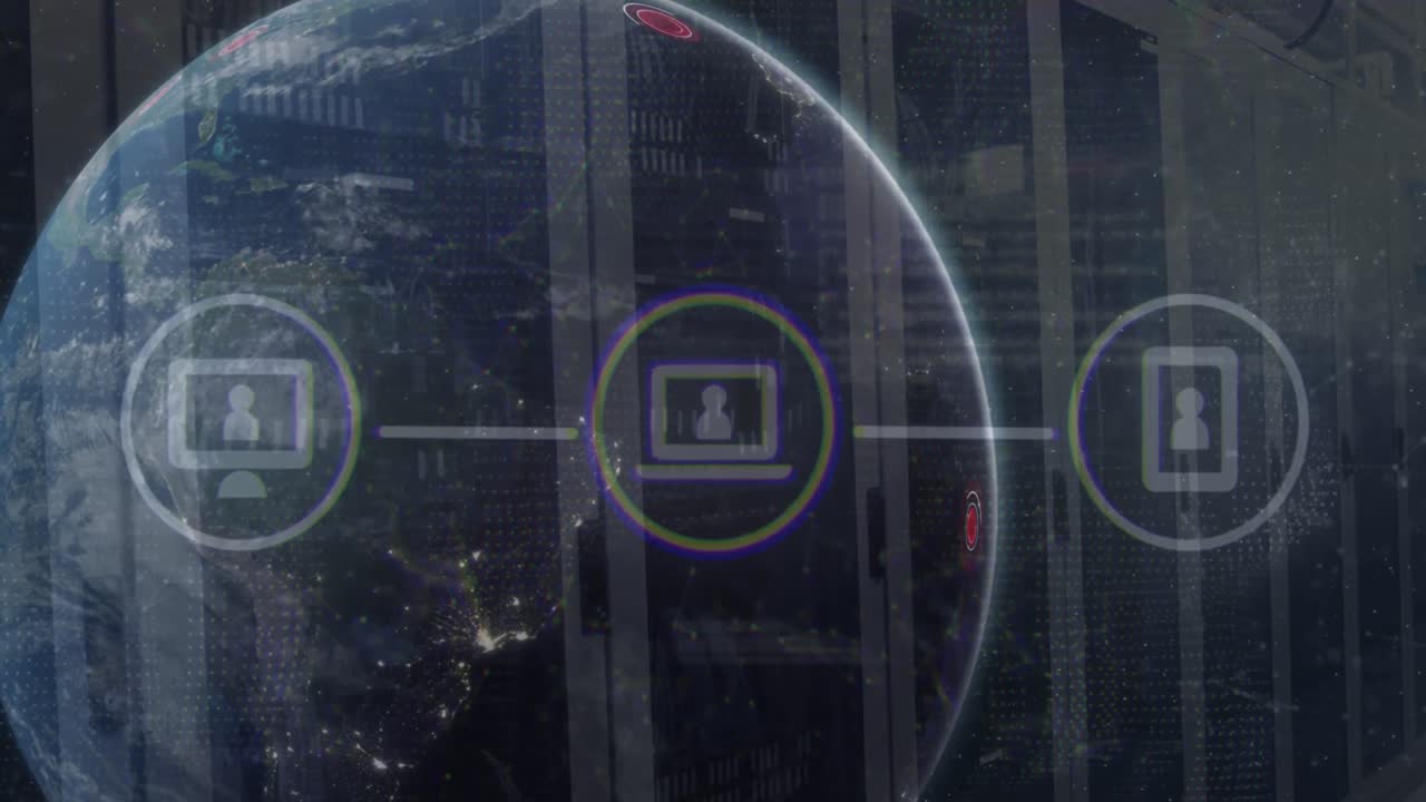 анимация телефона, ноутбука, компьютера в схеме с глобусом и соединенными точками над серверной комнатой