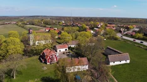 Beautiful-aerial-view-of-serene-countryside-in-Sweden,establishing-shot