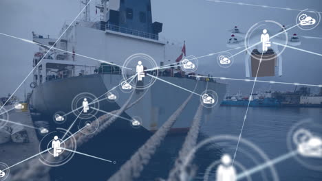 red de iconos digitales y un avión no tripulado que lleva una caja de entrega contra un barco en el mar