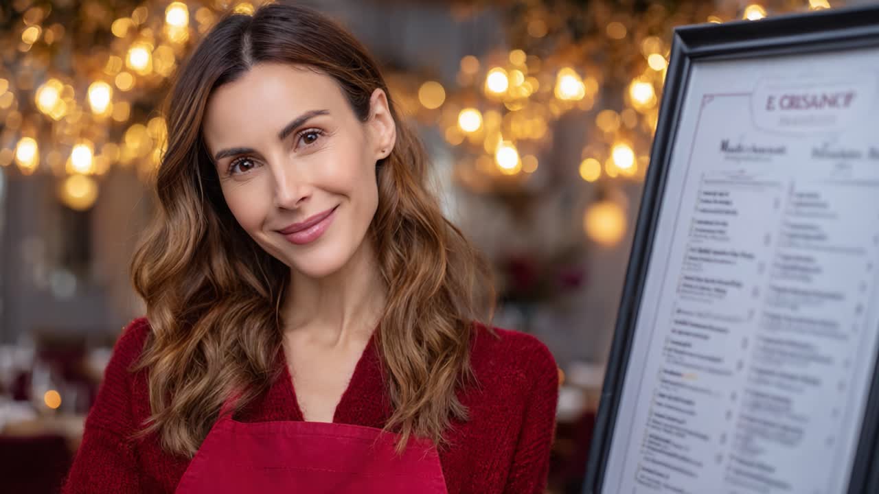 A Warm and Inviting Restaurant Experience: A Friendly Hostess Showcases the Menu in a Cozy Dining Atmosphere with Elegantly Lit Ambiance