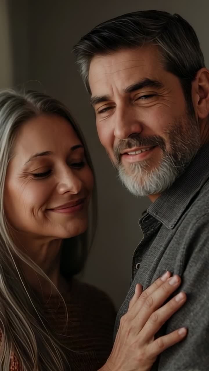 Vídeo vertical: Câmera mantendo a pose de casal apoiado, de frente, em casa, amorosos, com mão no peito, usando suéter.