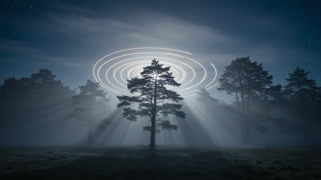 Mysterious Night: Ethereal Light Circles Above a Solitary Tree Surrounded by Fog and Shadows in a Dark Woodland Setting