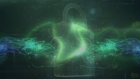 Animation-of-green-glowing-light-trails-and-digital-wave-against-security-padlock-icon