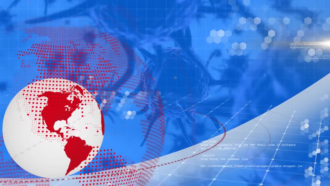 여러 코로나19 세포에 대한 회전 지구와 파란색 배경에 대한 데이터 처리