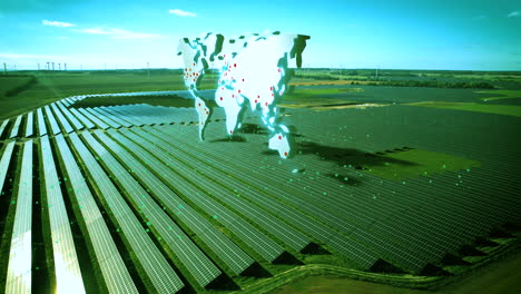 Futuristic-concept-of-solar-panel-farm-with-visual-effect-of-global-map-during-sunlight---Technology-motion-graphic-with-sparks-producing-renewable-energy