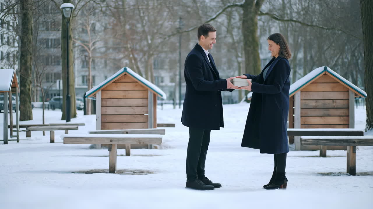 Business professionals exchanging a gift in a winter park