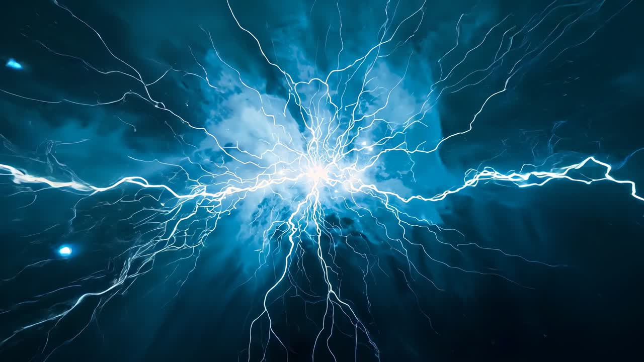 Pulsing core brightness driving vortex expansion in cosmic void, branching blue electric filaments