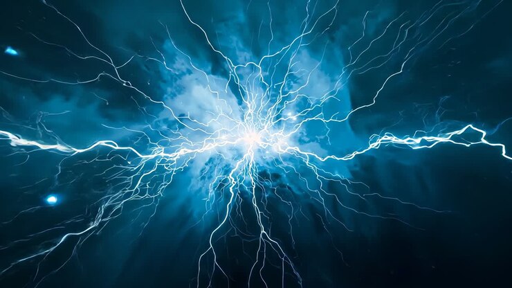 Nucleo pulsante luminoso che guida l'espansione del vortice nel vuoto cosmico, filamenti elettrici blu ramificati