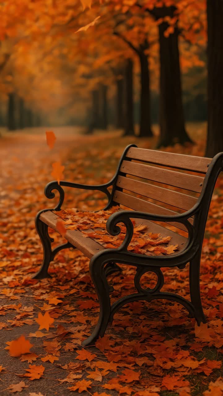 A serene autumn scene with a park bench covered in fallen leaves. Shot from a low angle, perfect