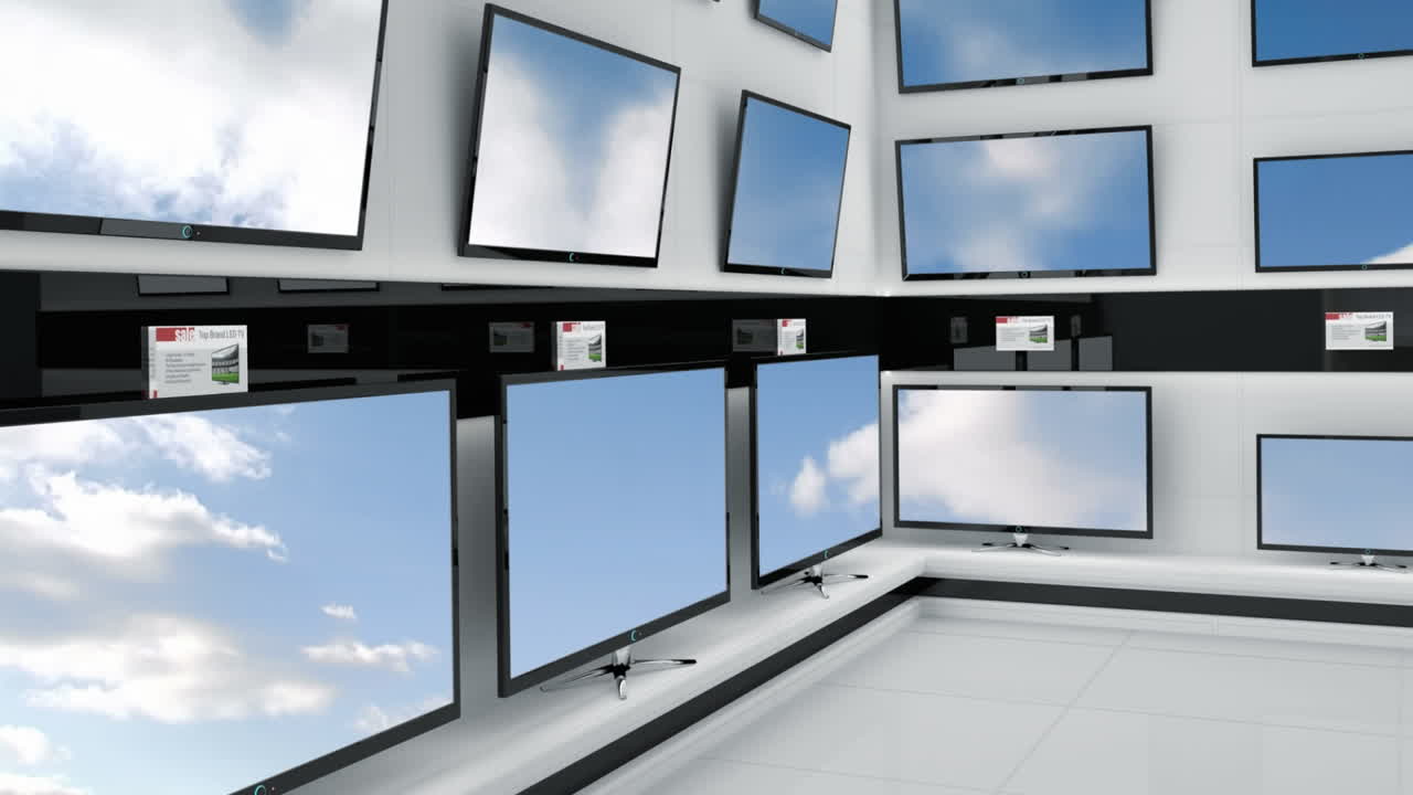 텔레비전 스크린에 파란 하늘과 구름