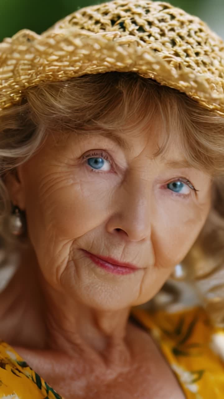 A graceful elderly woman with a beaming smile and a charming straw hat, exuding beauty and wisdom, captured in serene moments of her life and experiences
