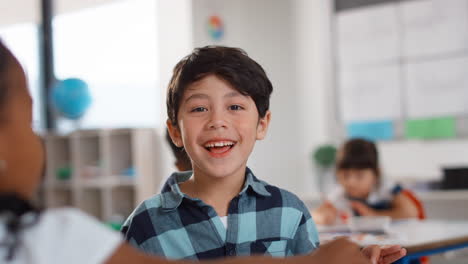 portrait of smiling male elementary school pupil sitting in classroom in art lesson