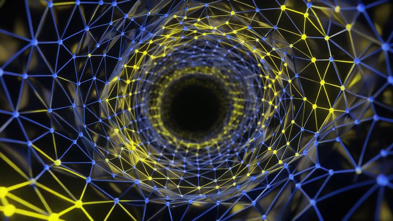 Tunnel digitale astratto con nodi di rete gialli e blu luminosi