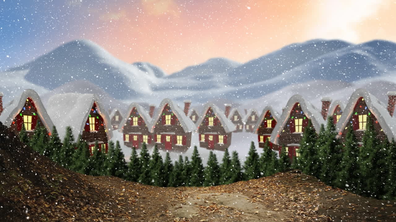animación de casas decoradas con navidad y nieve cayendo en un paisaje de invierno