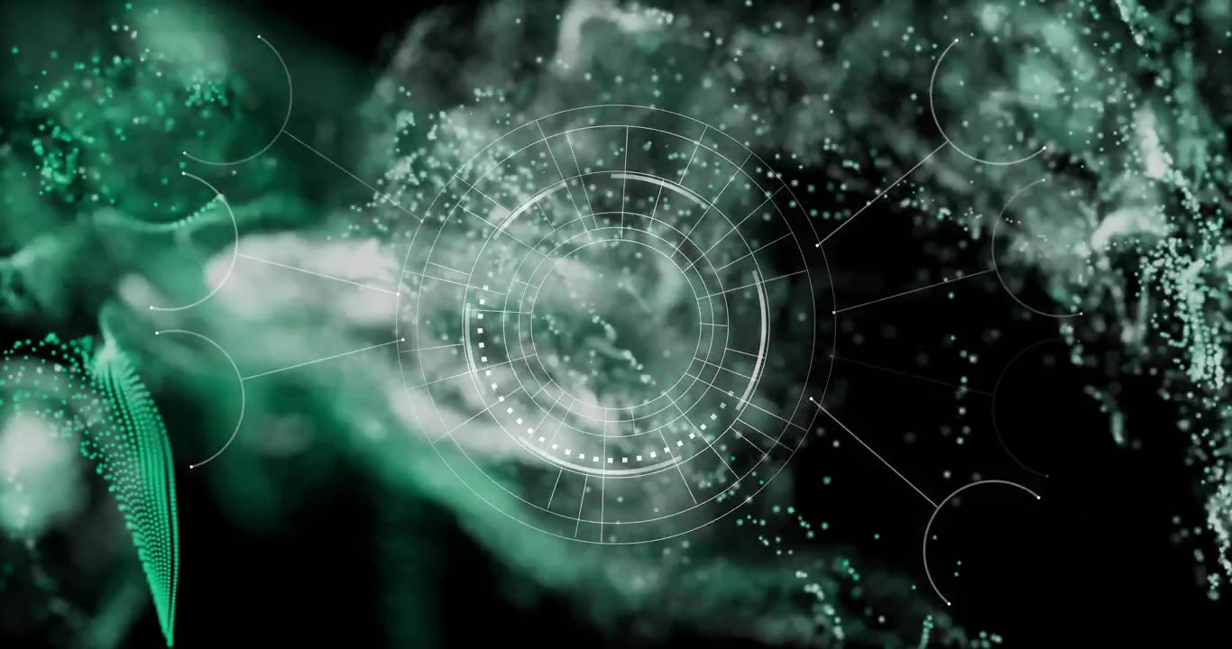 Animated centered HUD interface glowing with concentric rings and radial lines over green particles