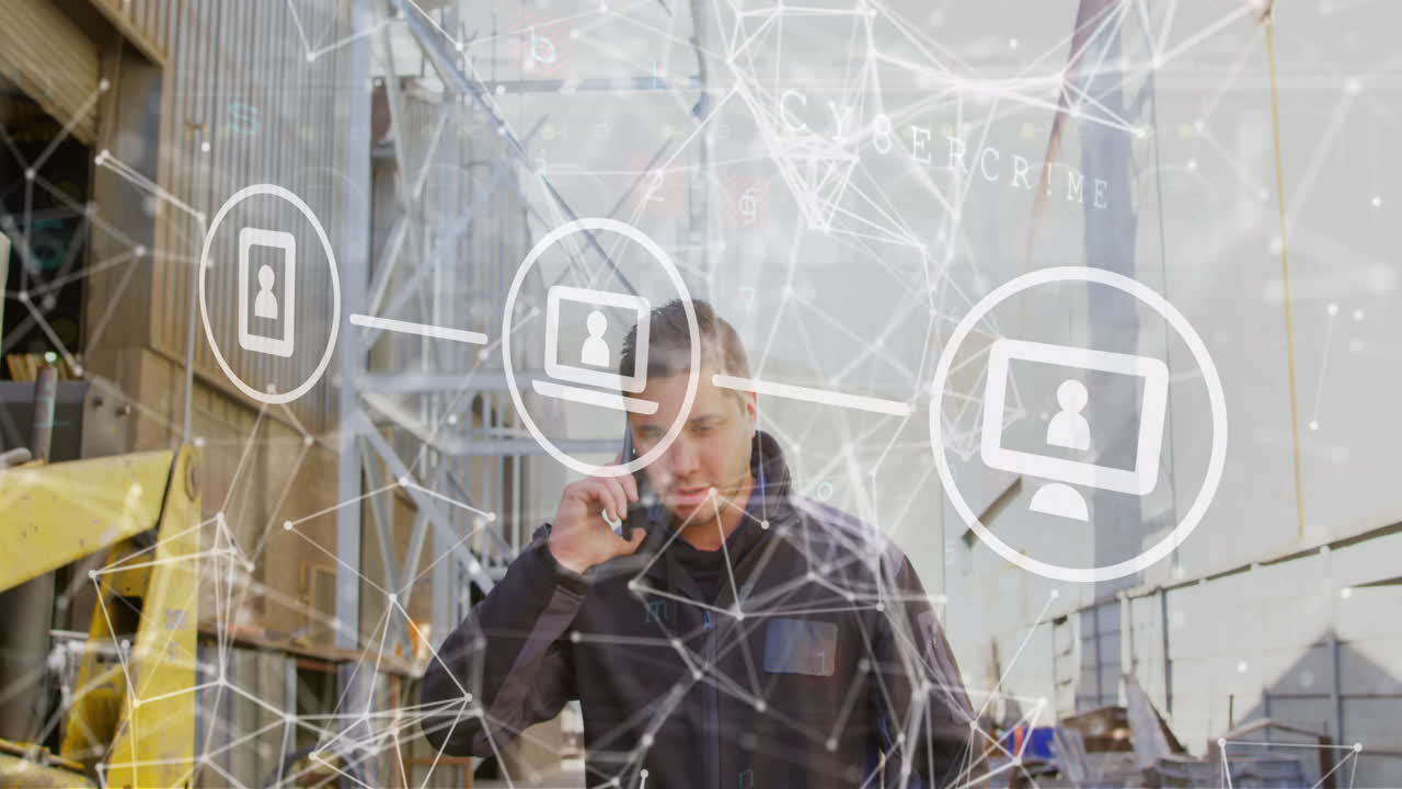 анимация сети соединений и цифровых икон над кавказским человеком, разговаривающим на смартфоне