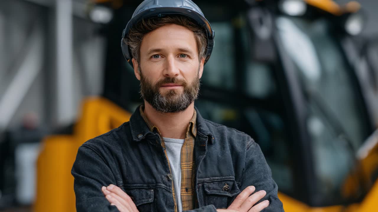 Selbstbewusste/r ArbeiterIn mit Hut: Eine Porträt-Serie, die die Professionalität und Gelassenheit eines Branchenexperten inmitten schwerer Maschinen einfängt