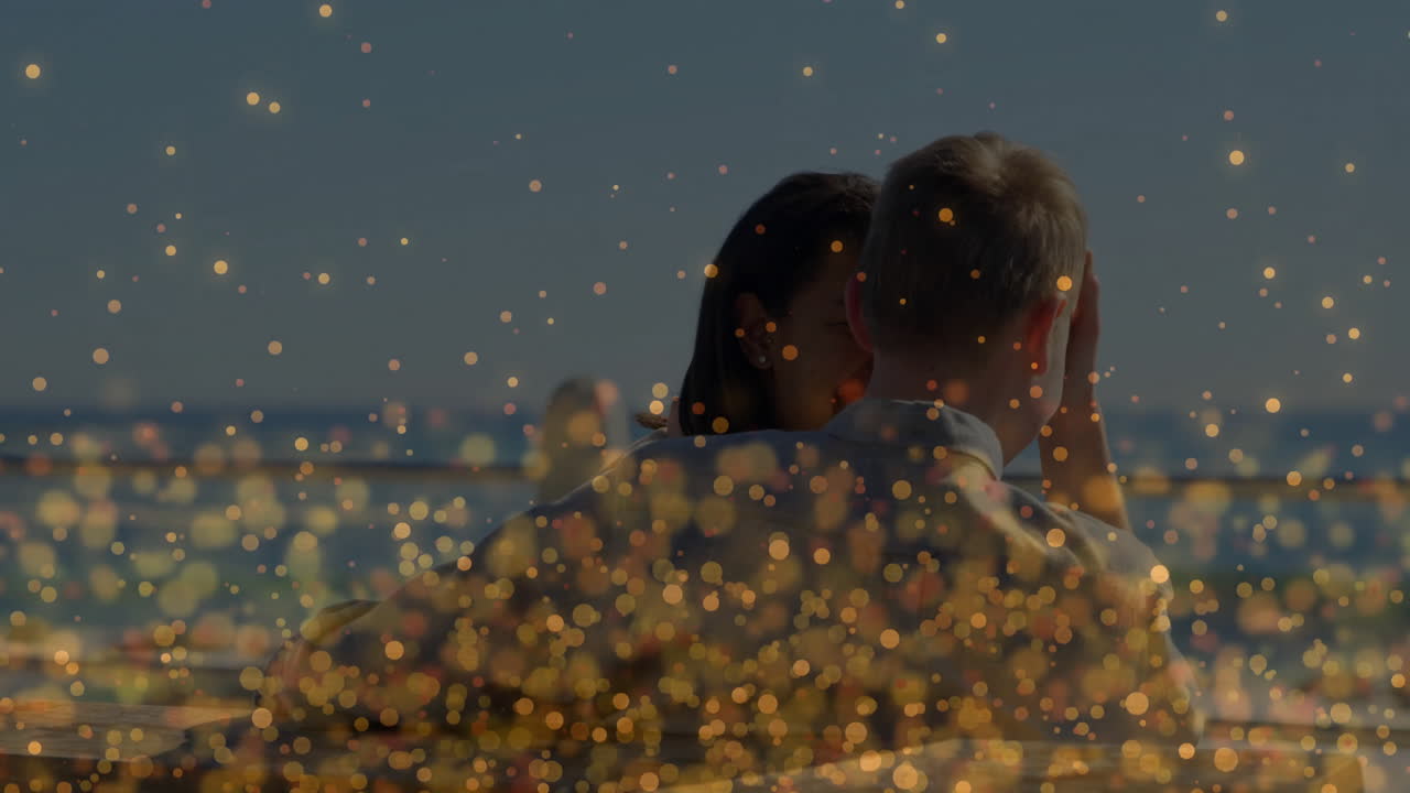 Embracing couple with golden sparkles in scenic outdoor animation background