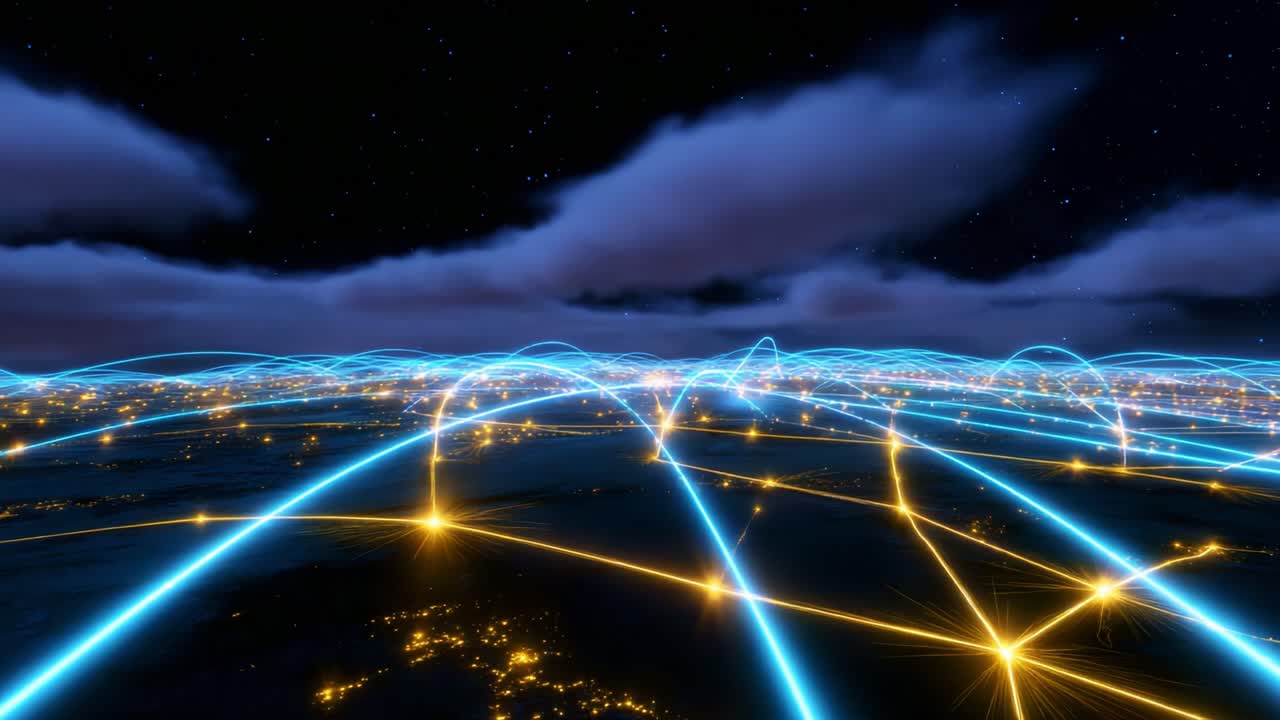 A breathtaking view of a connected world at night, showcasing vibrant networks of light illuminating the landscape beneath a starry sky, reflecting the vastness of global communication and technology