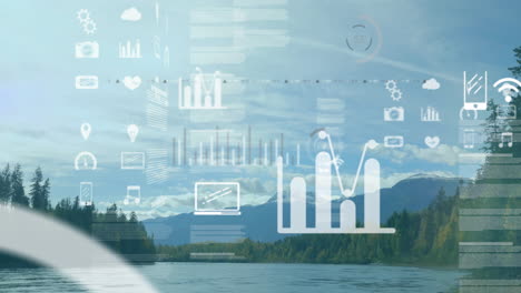 Animation-of-data-processing,-stock-market-and-diagrams-over-landscape