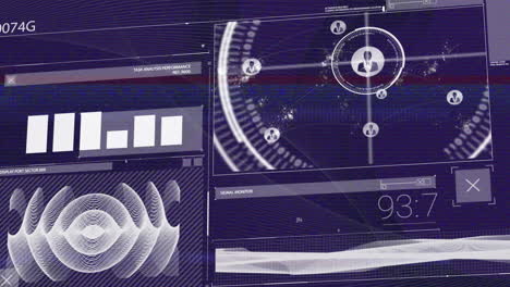 Animation of glitch technique over bar graph, profile icons, maps, waves and digital timer