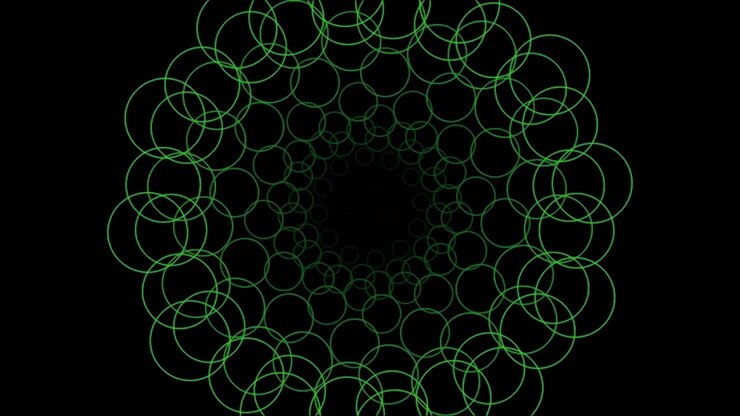 Círculos verdes abstratos expandindo e contraindo em um padrão radial