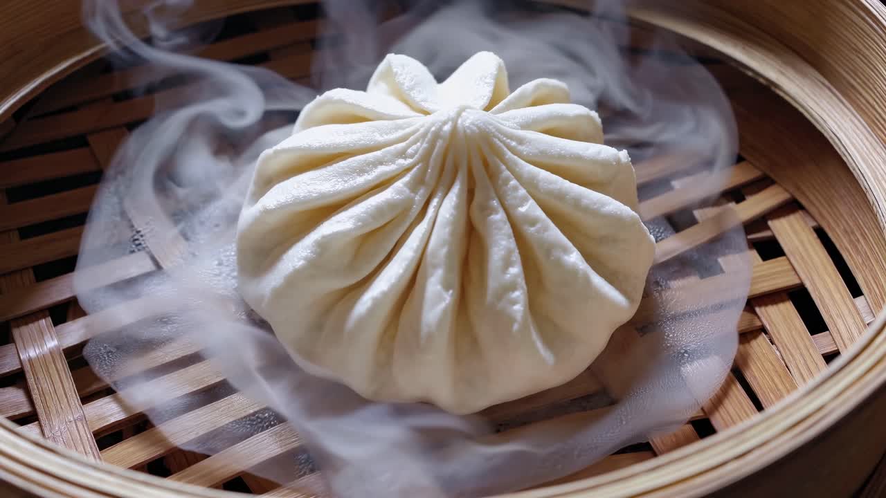 Steaming dumpling in a bamboo steamer, captured from a top-down angle